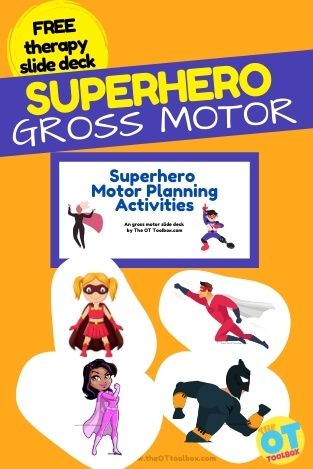 Superhero Gross Motor Activities - The OT Toolbox Superhero Writing Activities, Occupational Therapy Interventions, Preschool Movement Activities, Super Hero Training, Superhero Camp, Therapy Interventions, Occupational Therapy Kids, Free Teacher Resources, Creative Lesson Plans