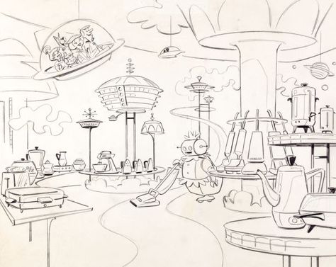 Jetsons Aesthetic, Rosie The Robot, Concept Presentation, Concept Drawing, Concept Draw, The Jetsons, City Drawing, Retro Vector, Parc D'attraction