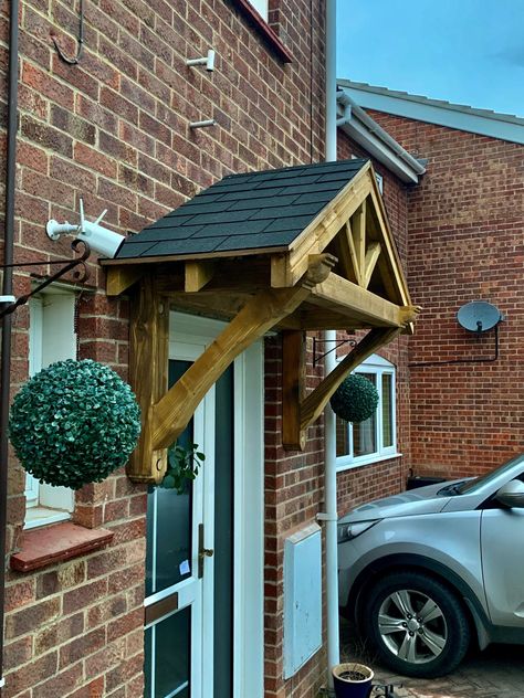 Front Door Shelter Ideas, Front Door Canopy Ideas Entrance, External Porch Ideas, Front Door Roof Overhang, Porch Canopy Ideas, Pergola On Front Of House, External Porch, Front Door Roof, Storm Porch