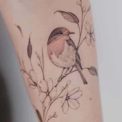 Robin with cherry blossom 🌿 My favorite tattoo motifs! I made this project by freehand drawing and I’ll show the process soon, follow my… | Instagram Perched Bird Tattoo, Small Robin Tattoo Black And White, European Robin Tattoo, Bullfinch Tattoo, Bird And Tree Tattoo, Robin Tattoo Black And White, Red Robin Tattoo, Bird On Branch Tattoo, Color Bird Tattoo