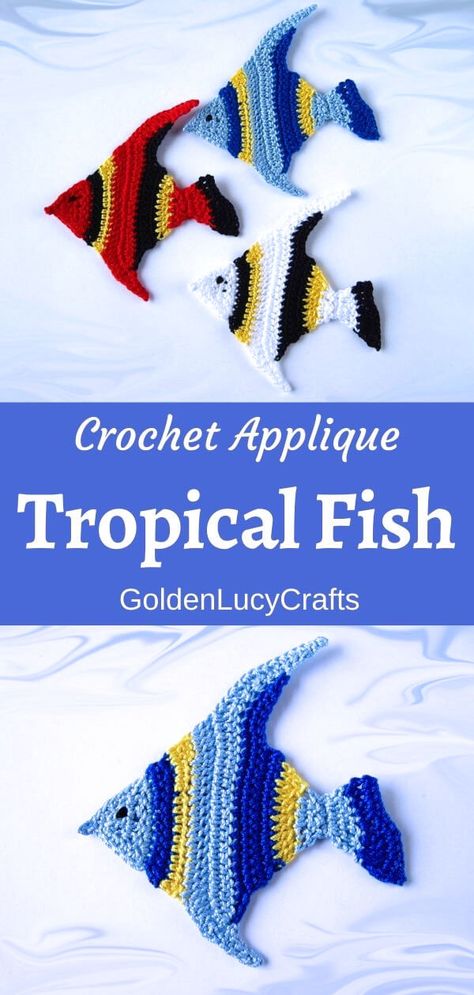 Three crocheted fish applique on top, one fish on the bottom. Crochet Apliques Fish, Crochet Sea Applique, Crochet Fish Applique Pattern Free, Crochet Fish Applique, Ocean Applique, Crochet Seashell Applique, Crochet Ocean Animals, Bookmark Crochet Tutorial, Appliqué Crochet