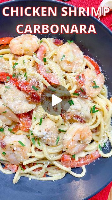 Sabrina Cacilhas | Fed by Sab on Instagram: "New recipe🚨 Comment “recipe” and I’ll DM you the recipe ⭐️   Olive Garden Chicken and Shrimp Carbonara Copycat Recipe 🦐 🧄   It’s packed with chicken, shrimp, bacon, and an irresistible creamy sauce!  #olivegardenrecipe #easydinner #appetizeridea #easyrecipe #olivegardenpasta #carbonararecipe   https://fedbysab.com/chicken-and-shrimp-carbonara-olive-garden-copycat/" Chicken Shrimp Carbonara, Chicken And Shrimp Carbonara, Shrimp Carbonara, Olive Garden Pasta, Olive Garden Chicken, Olive Garden Copycat, Olive Garden Recipes, Chicken Shrimp, Carbonara Recipe