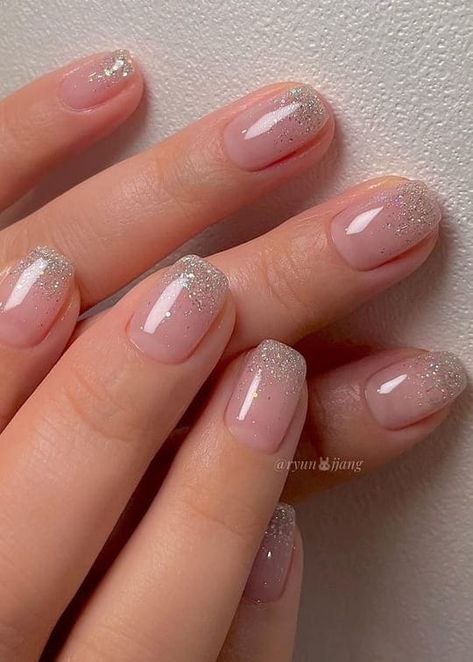 Jelly Nails With Glitter Tip, Bridesmaid Nails Sparkle, Glitter Ombre Manicure, Short Gel Nails Elegant, Natural Festive Nails, Ombre Glitter French Nails, Short Glitter Nail Ideas, Sparkle Ombre Nails Square, Ombre Glitter Nails Short