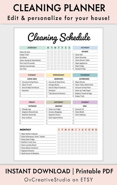 This daily, weekly, monthly cleaning schedule helps you to fit in every house chore and organize your home perfectly. The cleaning checklist makes it easier to track your cleaning every day or week. Pre-filled & unfilled cleaning planners in PDF format. Ways to use this template: - Print & write manually - Edit using Acrobat software, Save, Print - Write digitally on an iPad...#Tidy #Inspiration #Inspo #to #Schedule #Cleaning #for #Guide #Home #a #Ultimate #HomeTrends #The #Creating #a #Ideas Blank Weekly Cleaning Schedule, House Cleaning Calendar, Happy Planner Cleaning Schedule, Cleaning Planner Template, Digital Cleaning Checklist, Blank Cleaning Schedule Printable, Monthly Cleaning Schedule Printable, Daily Weekly Monthly Cleaning Schedule, Cleaning Calendar Printable