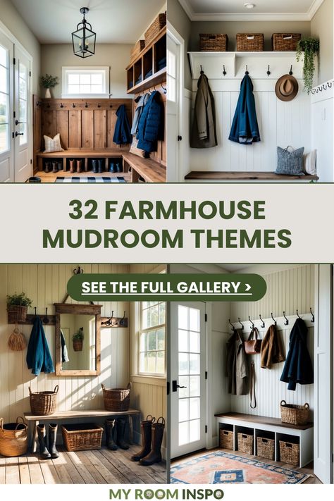 Explore 32 charming farmhouse mudroom themes with beautiful designs and organizational tips. This pin showcases 4 stunning images that combine rustic aesthetics and practical functionality for your home entrance. Mudroom Pictures Decor, Hunting Lodge Mudroom, Farmhouse Mudroom Flooring, Mountain Mudroom Ideas, Farmhouse Mudroom Lockers, Mudroom Flooring Ideas Farmhouse Style, Working Farm Mudroom, Farm Mudroom Ideas, Family Mudroom Ideas