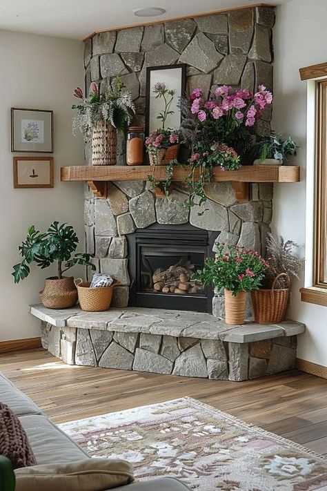 Hello Hayley Inside Of Fireplace Ideas, Indoor Brick Fireplace, Corner Stove Fireplace, Chimney Living Room, Corner Gas Fireplace Ideas, Fireplace Stone Ideas, Warm Rustic Living Room, Painted Rock Fireplaces, Corner Fireplace Mantels