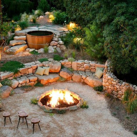 Sloped Backyard Landscaping, Hot Tub Designs, Sloped Yard, Sloped Backyard, Hot Tub Garden, Cozy Backyard, Backyard Seating, Hillside Landscaping, Sloped Garden