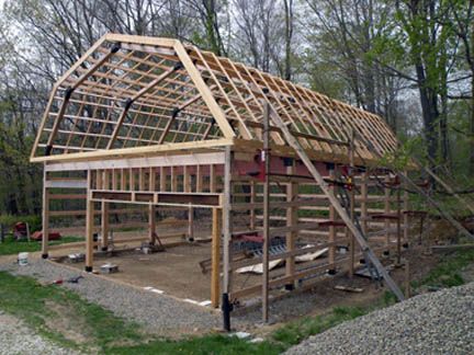 How to Build a Garage, Pole Barn, House via www.wikiHow.com Build A Garage, Pole Barn House, Construction Garage, Pole Barn Designs, Pole Barn Garage, Gambrel Barn, Plan Garage, Building A Garage, Barn Shop