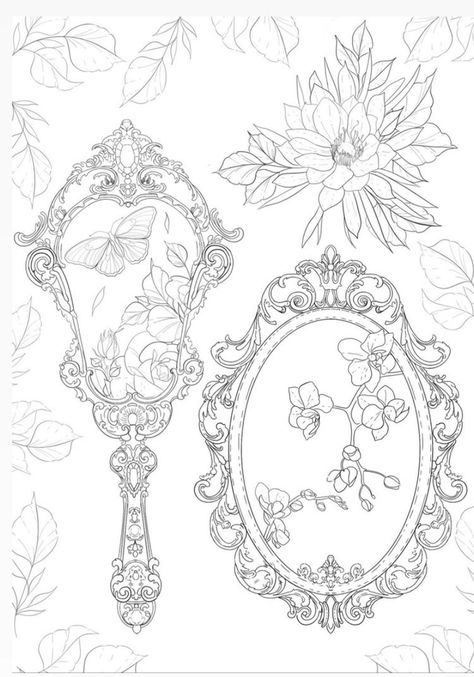 Doily Tattoo Lace, Baroque Mirror Tattoo, Rose Frame Tattoo, Antique Mirror Drawing, Gilded Frame Tattoo, Mirror With Flowers Tattoo, Magic Mirror Tattoo, Victorian Mirror Drawing, Hand Mirror Tattoo Design