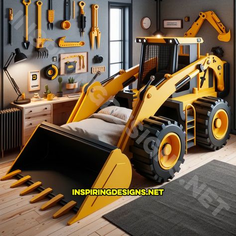 Digger Bedroom Ideas, Kids Truck Bed, Construction Theme Rooms, Bulldozer Bed, Digger Bedroom, Car Games For Kids, Construction Bedroom, Cool Kids Bedrooms, Kids Climbing