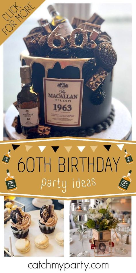 Check out this incredible whiskey-themed 60th birthday party! The cake is fantastic! Share more party ideas and share yours at CatchMyParty.com Mans 60th Birthday Party Themes, Vintage Theme Birthday Party For Men, 50th Birthday Party Ideas Men, 60th Birthday Party Ideas For Husband, 60th Birthday For Him, Whiskey Themed Birthday Cake, Whiskey And Cigars Birthday Theme, Man 60th Birthday Party Ideas, Bourbon Birthday Party Ideas