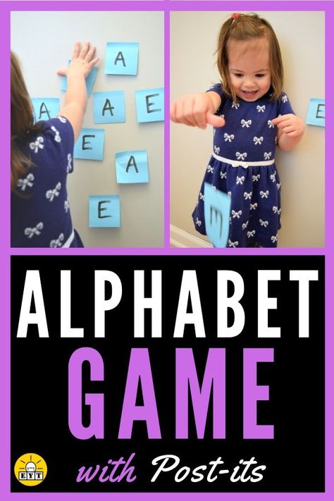 Looking for a fun way to teach letter recognition? Then you HAVE to try this Alphabet Post-it game! It's a race to find the correct letter and put it up on the wall! We show you how to do it and show adaptations to keep it fresh for all ages. Great for being active indoors while learning on a rainy day! #learningletters #alphabet #alphabetgames #indooractivities #reading #ABCs Fun Way To Teach Alphabet, Fun Ways To Learn Abcs, Alphabet Games For Toddlers, Ways To Teach Letter Recognition, Fun Ways To Learn The Alphabet, Fun Ways To Teach Letters, Teaching Abcs To Toddlers, Teach Alphabet To Toddlers, Fun Ways To Learn Letters