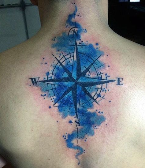 Male With Blue Compass Watercolor Tattoo On Upperback Watercolor Compass Tattoo, Nautical Star Tattoos, Him And Her Tattoos, Anker Tattoo, Compass Tattoo Design, Geniale Tattoos, Up Tattoos, Rib Tattoo, Star Tattoos