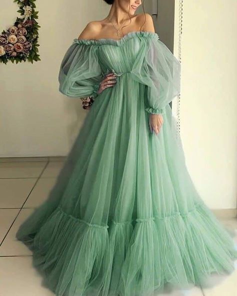 Long Prom Dresses Elegant, Green Gown Elegant, Off Shoulder Long Gown, Cottagecore Prom Dress, Cottagecore Prom, Cottagecore Dresses Aesthetic, Sage Green Prom, Long Sleeve Green Dress, Sage Green Prom Dress