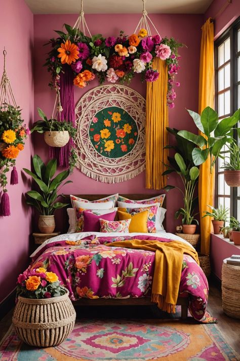 20 Boho Bedroom Wallpaper Ideas – ToolzView Boho Room With Wallpaper, Vintage Pink Bedroom Ideas, Boho Diy Room Decor, Colourful Boho Bedroom, Boho Mural Wall, Boho Bedroom Wallpaper, Boho Guest Room, Wallpaper Ideas For Home, Boho Accent Wall