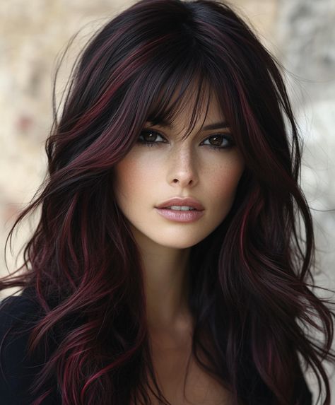 january hair color ideas Dark Hair Color Ideas Peekaboo, Dark Brown With Burgundy Highlights, Dark Brown Hair With Cherry Highlights, Brown With Burgundy Highlights, Hair Color Winter 2024, Dark Hair For Winter, Hair Color For Dark Brown Eyes, Dark Brown Hair With Red Lowlights, Dark Brown Burgundy Hair