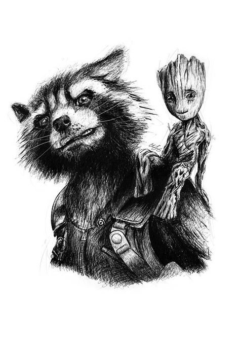 Baby Groot Drawing, Groot And Rocket, Rocket Drawing, Groot Tattoo, Galaxy Drawings, Rocket Tattoo, Groot Rocket, Avengers Tattoo, Marvel Guardians Of The Galaxy