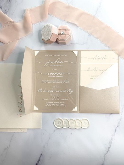 Champagne And Blush Wedding, Clear Invitations, Acrylic Invites, Wedding Invitations Champagne, Blush Wedding Invitation, Modern Wedding Invitation Suite, Blush Wedding Invitations, Wedding Invitation Samples, Acrylic Invitations