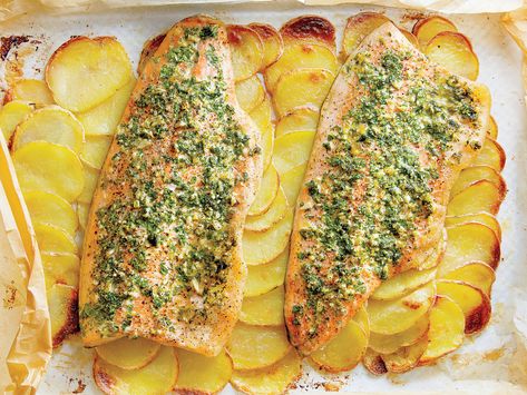 Baked Rainbow Trout Fillets With Potato Tiles Baked Rainbow Trout, Trout Fillet Recipes, Baked Trout, Fish Friday, Trout Recipes, Sheet Pan Dinners Recipes, Cozy Meals, Rainbow Trout, Sheet Pan Dinners