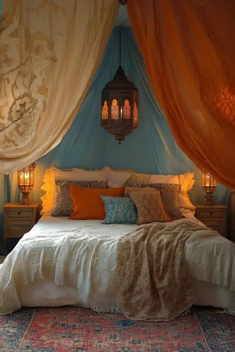 29 Arabian Bedroom Ideas To Bring Moroccan-Inspired Luxury Into Your Home - Courtneys World Arabian Bedroom Ideas, Arabian Nights Bedroom, Arabian Lounge, Middle Eastern Bedroom, Arabian Bedroom, Modern Moroccan Bedroom, Egyptian Bedroom, Arabian Decor, Low Seating