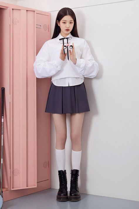 “jang wonyoung for gospheres” Kpop School Uniform, Wonyoung Style, Wonyoung Outfit, Grey Pleated Skirt, Sassy Outfit, Fire Fits, Mood Board Fashion, Kpop Fashion Outfits, Asian Style