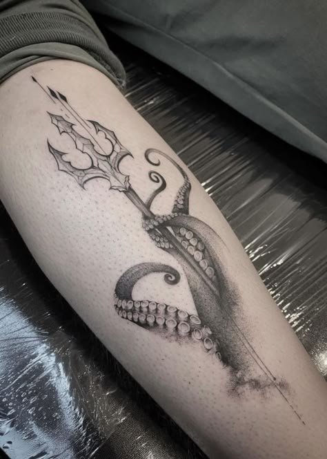 Octopus Trident Tattoo, Small Kraken Tattoo, Deep Sea Tattoo Sleeve, Glass Shard Tattoo, Octopus Elbow Tattoo, Kracken Tattoos, Octopus Tattoos Simple, Mermaid Tattoo For Men, Octopus Tattoo Design Drawing