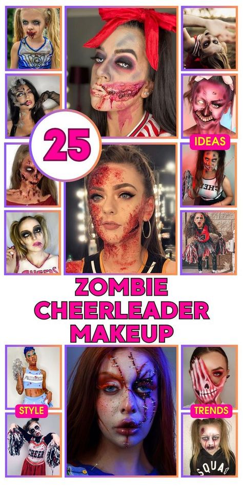 Get ready for Halloween with zombie cheerleader makeup, featuring easy and simple ideas perfect for kids and women. This tutorial offers step-by-step instructions to create a cute yet spooky look. Use green and dark shades around the eyes to achieve a unique and scary effect. Ideal for a Halloween party or a fun night out, this makeup is quick and easy to apply, making it perfect for last-minute transformations. Cheerleader Makeup Ideas, Zombie Cheerleader Makeup, Pretty Zombie Makeup, Zombie Cheerleader Halloween, Cheerleader Makeup, Kids Zombie Makeup, Zombie Face Makeup, Zombie Makeup Diy, Zombie Cheerleader Costume