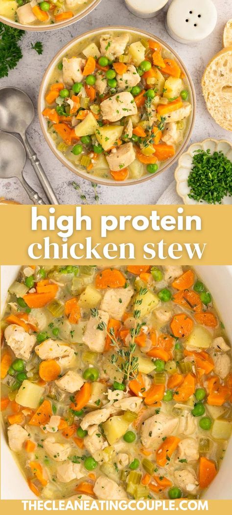 High Protein Chicken Stew is easy to make in one pot! Cook it in your crockpot or on the stovetop for a cozy meal your whole family will love. Over 40g of protein per serving and loaded with veggies too. A delicious healthy dinner! Crockpot Chicken Stew, Slow Cooker Chicken Stew, High Protein Chicken, Chicken Stew Recipe, Easy High Protein Meals, Easy Whole 30 Recipes, Stew Chicken Recipe, Best Slow Cooker, Cozy Meals