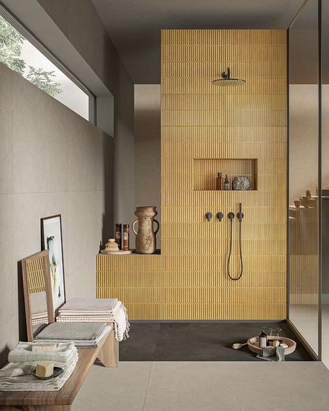 Z Collection on Instagram: "Hello Monday! ☀️ Tile: Homey Mustard 12x24 . . . . . #tilelove #tiledesign #ihavethisthingwithtiles #ceramicsofitaly #porcelaintile #3dtiles #primarybathroom #bathroomdesign #bathroominspiration #interiordesign #pnwdesign #pnwstyle #newbuild #newconstruction #luxuryhomes #housebeautiful #designdetails #portraitmag #graymagazine #admagazine #sodomino #zcollection" Japanese Finger Tiles Bathroom, Japanese Kitchen Tiles, Japanese Tiles Bathroom, Finger Tiles Bathroom, Mustard Bathroom, Almond Tile, Finger Tiles, Yellow Tile Bathroom, Yellow Bathroom Tiles