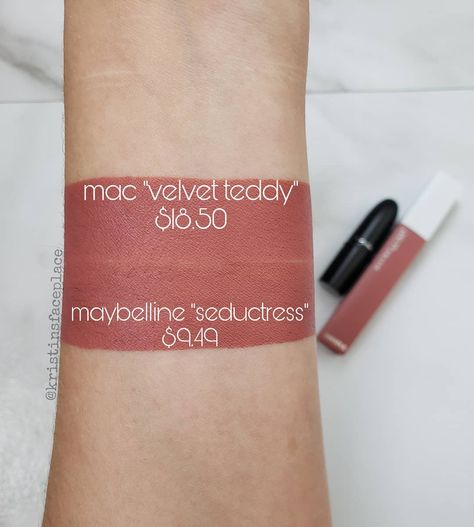 💄⚠️DUPE⚠️💄 @maccosmetics "velvet teddy" is nearly identical to @maybelline "seductress" at about half the price!  full size of macs velvet… Lipstick For Brunettes With Brown Eyes, Mac Velvet Teddy Lipstick, Velvet Teddy Mac, Milani Color Statement Lipstick, Matte Make Up, Mac Velvet Teddy, Autumn Makeup, Maybelline Lipstick, Lipstick For Fair Skin