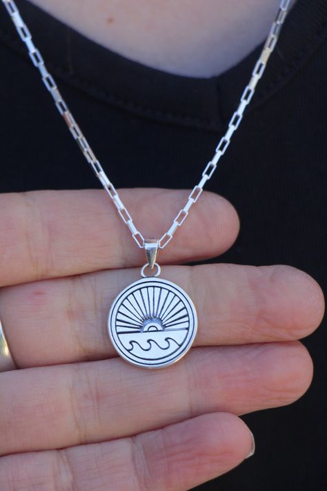 Silver Sun Wave Necklace, Surfer Gift, Sunrise Sunset Pendant, 925 Sterling Silver Unisex Sea Ocean Lover Women Men Gift, Surfing Jewelry #silver #birthday #circle #beachtropical #unisexadults #minimalist #sunnecklace #summernecklace #sunrisenecklace #sunbeam #rayofsun #sunwaves #baptism #surfing #surfergift #sunonwaves #giftforhim #giftforher #celestial #sunsetpenfant #uniquechain #coinnecklace #silverdiscnecklace https://etsy.me/38tGiq8 Surfing Jewelry, Ceramic Necklaces, Summer Pendant, Wave Pendant, Lily Necklace, Surf Jewelry, Sunset Surf, Blue Opal Necklace, Silver Birthday