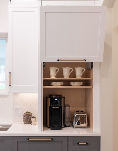 Conceal the coffee bar. ✅ Which countertop appliance would you hide away in this cabinet? View more of our storage solutions! Kitchen Hidden Appliance Storage, Hidden Appliances, 2nd Floor Addition, Hide Appliances, Adding Storage, Baked Sweets, Narrow Table, Countertop Appliances, Coffee Places