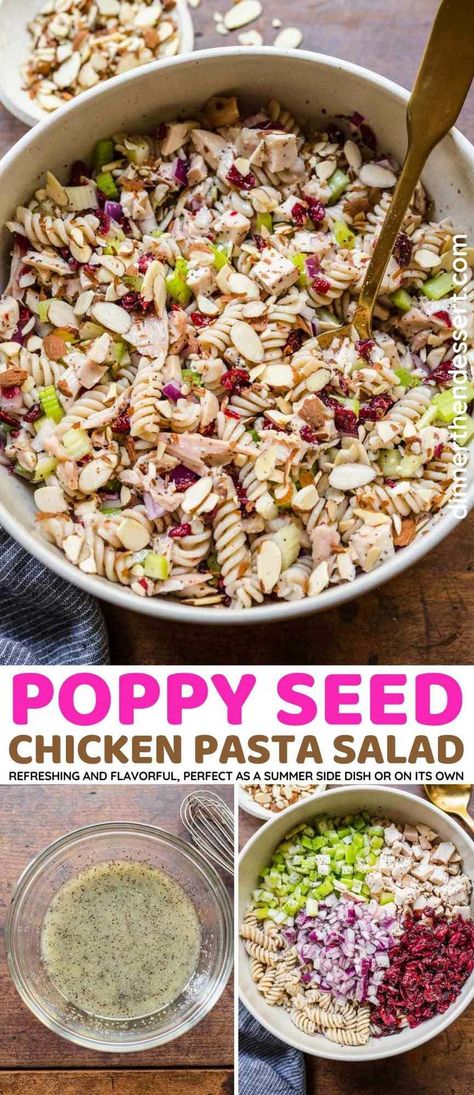 Poppy Seed Chicken Pasta Salad is a simple recipe with tender chicken, flavorful onion and celery, dried cranberries, and crunchy almonds. Poppy Seed Chicken Salad Recipe, Asian Pasta Salads, Chicken Pasta Salad Recipes, Poppy Seed Chicken, Cranberry Chicken Salad, Seed Salad, Dairy Free Pasta, Pasta Varieties, Side Salad Recipes