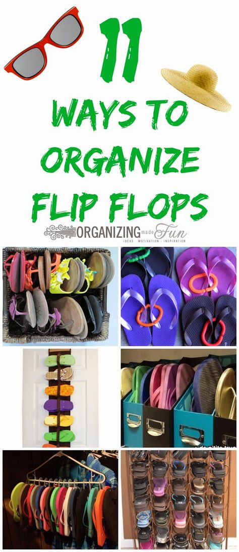 11 Ways to organize flip flops :: OrganizingMadeFun.com Flip Flop Organizer, Flip Flop Storage, Bedroom Closet Organization, Organizing House, Organizing Clothes, Fun Organization, Clothes Closet Organization, Ways To Organize, Closet Organization Diy