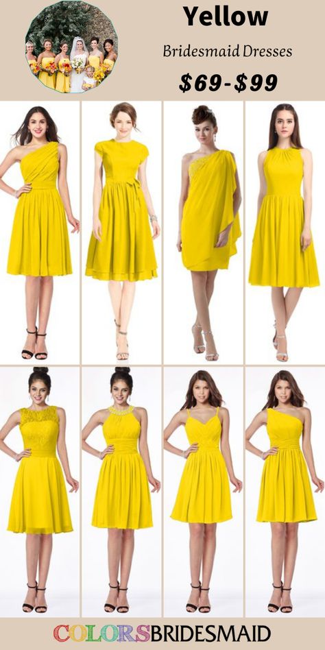 Yellow bridesmaid dresses in knee-length on sale under $100, in 600+ custom-made styles and all sizes. 150+colors, made to order, fast arrived, color sample available. #colsbm #bridesmaids #bridesmaiddresses #yellowwedding #weddingideas #kneelengthdress #yellowdress b2052 Bridesmaid Dresses Yellow, Yellow Bridesmaid, Empire Silhouette, Dresses Yellow, Yellow Bridesmaid Dresses, Yellow Wedding, Color Samples, Color Swatches, Yellow Dress