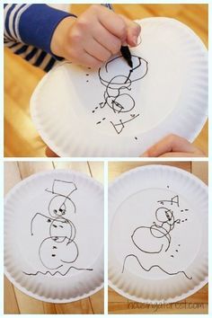 This game is bound to get a few laughs — and just might reveal some artistic talent! Playing is easy. Grab paper plates and markers and tell participants to place the plates on their heads with one hand and hold up a marker with the other. What they draw is up to you, but we're partial to snowmen. You need one person to give step-by-step instructions (like, "Draw a line for snow!" or "Draw a nose!"). The player with the most accurate image wins! See more at Housing a ... Snowman Drawing Game, Draw Snowman, Snowman Drawing, Christmas Party Games For Kids, School Christmas Party, Snowman Party, Xmas Games, Frozen Themed Birthday Party, Christmas Games For Kids