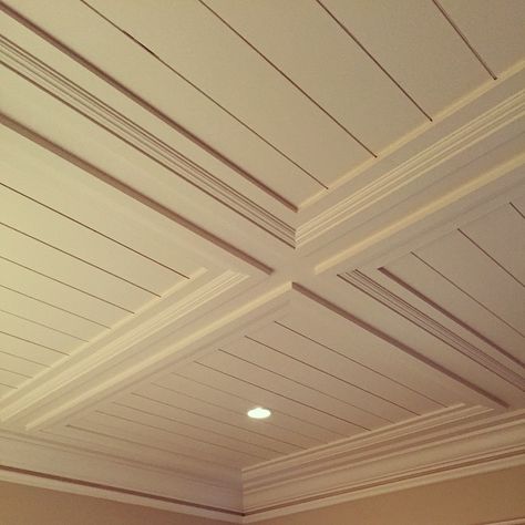 Coffered Ceiling For Low Ceilings, Ceiling Panelling Design, Coffered Ceiling Ideas For Low Ceilings, White Paneled Ceiling, Coffered Ceiling With Shiplap, Shallow Coffered Ceiling, Low Profile Coffered Ceiling, Coffered Ceiling Bedroom, Tray Ceiling Dining Room