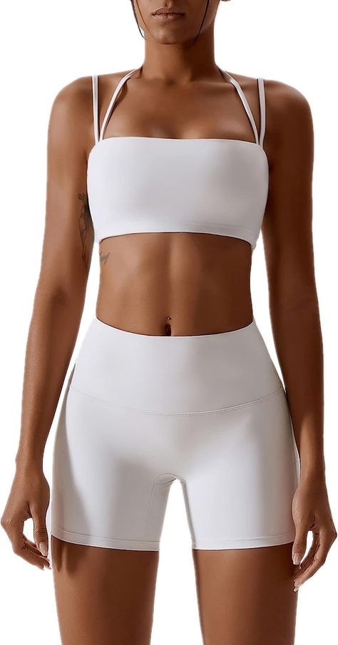 Amazon.com: ABOCIW Workout Sets for Women Halter Bandeau Sport Bra Crop Tops High Waist Booty Shorts 2 Piece Gym Set Fitness Yoga Outfits Z-White Medium : Clothing, Shoes & Jewelry Workout Sets For Women, Working Out Outfits, Yoga Outfits, Yoga Outfit, Exercise Gym, Gym Outfits, Women Halter, Crop Top Bra, Workout Sets