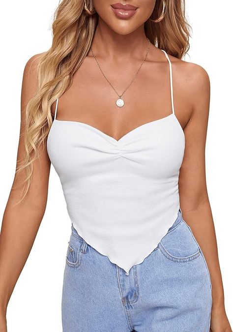 Verdusa Women's Criss Cross Backless Strappy Asymmetrical Hem Crop Cami Top Crop Cami Top, Cami Crop Top, Cropped Cami, Cute Top, Asymmetrical Hem, Cami Tanks, Cami Top, Cami Tops, Cute Tops