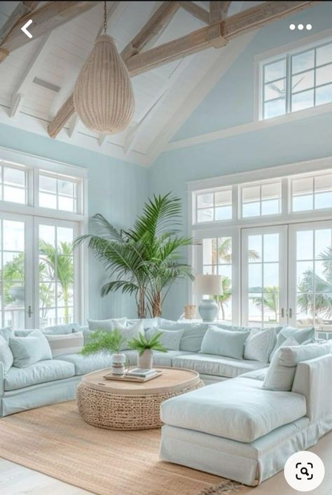 Coastal Beach House Living Room, Blue Sunroom, Modern Coastal Living Room Ideas, Coastal Living Room Ideas, Bungalow Living Room, Modern Coastal Living Room, 2024 Beach, Living Space Ideas, Oak House