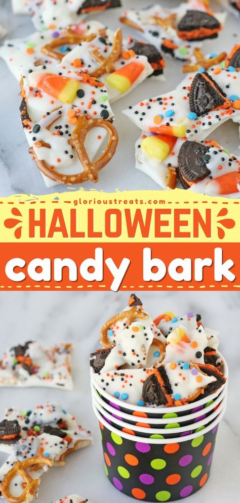 Halloween Candy Bark, halloween treats, desserts Halloween Almond Bark, Boo Bark Recipe, Halloween Brittle, Halloween Candy Easy, Halloween Bark Candy, Halloween Munchies, Halloween Candy Bark Recipes, Easy Halloween Treats To Make, Halloween Bark Recipes