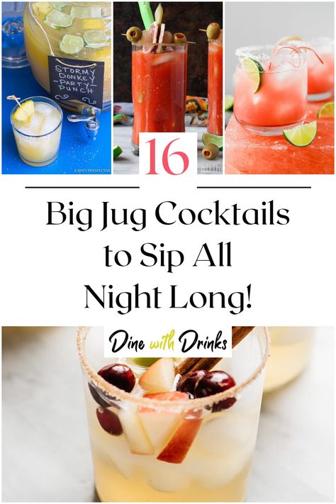 Collage of 4 big jug cocktails. Big Batch Holiday Drinks, Gallon Cocktail Recipes, Jug Cocktail Recipes, Cocktail Jugs Recipes, Big Batch Rum Cocktails, Big Jug Alcohol Drinks, Party Cocktails Big Batch Easy, Jug Cocktails, Big Batch Cocktails Vodka