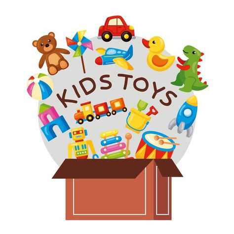 Box with kids toys icons | Premium Vector #Freepik #vector #baby #kids #box #cartoon Toys Logo Design, Toys Clipart, Kindergarten Logo, Poster Design Kids, Birthday Organizer, Baby Cartoon Characters, Kindergarten Decorations, Toys Logo, Box Cartoon