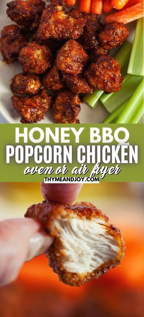 Skip Sonic, KFC, or even Applebee's and make your own honey BBQ popcorn chicken right at home! Tender pieces of chicken breast are coated in breadcrumbs and baked in the oven or air fried before tossing with your favorite honey barbeque sauce for a sweet and tangy way to enjoy a snack, appetizer, or a quick and easy main course paired with your favorite side dishes! Gluten free and keto options included! Oven Popcorn Chicken, Baked Honey Bbq Chicken Bites, Barbeque Chicken Crockpot, Boyfriend Recipes, Honey Bbq Chicken Bites, Chicken Bites Oven, Oven Baked Bbq Chicken Breast, Honey Barbeque Chicken, Oven Bbq Chicken Breast