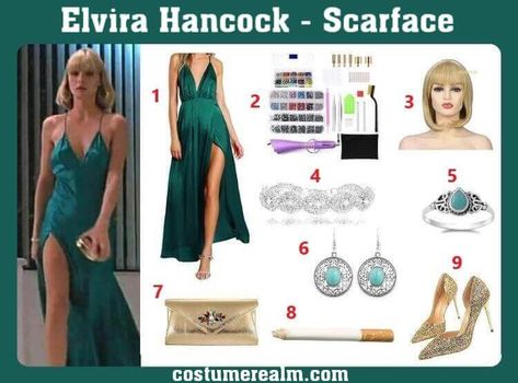 Dress Like Elvira Hancock From Scarface, Elvira Hancock Costume, Halloween Costume, Cosplay, Outfits, Clothes, Fashion Guide Elvira Hancock Dress, Elvira Hancock Costume, Scarface Elvira, Black Couple Costumes, Scarface Costume, Cute Couple Costumes For Halloween, Elvira Costume, Couple Costumes For Halloween, Elvira Dress