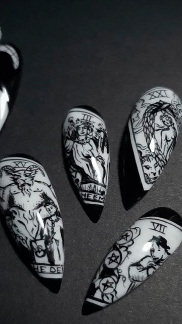 Tarot Card Nails, Tarot Nails, Card Nails, Definition Of Art, 90s Horror Movies, Gothic Nail Art, Halloween Tarot, Long Stiletto Nails, Witchy Nails