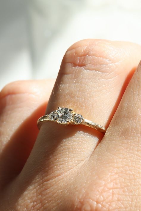 Three Stone Engagement Ring With Hammered Band Texture in Solid Gold – Lacee Alexandra Small Vintage Engagement Rings, Small Engagement Rings, Sculpted Jewelry, Dainty Engagement Rings, Fall Florals, Three Stone Engagement Ring, Hammered Band, Top Rings, Organic Ring