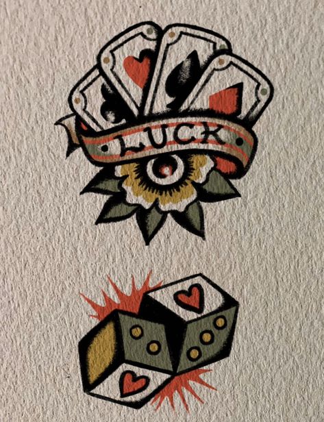 Gambling Machine Tattoo, Lucky Cards Tattoo, 7 2 Card Tattoo, Good Luck Tattoo Traditional, Dice American Traditional Tattoo, Blackjack Tattoo Ideas, Small Las Vegas Tattoo, American Traditional Band Tattoo, Hard To Kill Tattoo