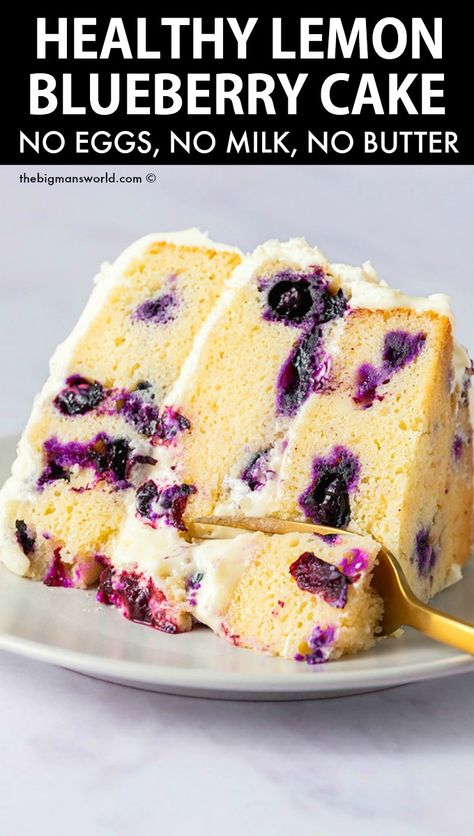 Healthy Lemon Blueberry Cake made in just ONE bowl- No eggs, no milk and no butter needed but it is super moist and fluffy! Vegan, gluten free and dairy free! Cake No Butter, Healthy Lemon Blueberry, Cake No Eggs, Blueberry Lemon Cake Recipe, Dairy Free Cake Recipe, Non Dairy Desserts, Egg Free Cakes, Lemon Blueberry Cake, Gluten Free Dairy Free Dessert