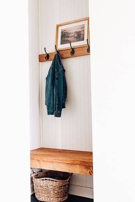 DIY Mudroom Bench (with Beadboard & Coat Hooks) Mudroom Hooks On Wall, Hooks On Wall, Diy Coat Hooks, Mudroom Hooks, Varathane Wood Stain, Mudroom Bench With Hooks, Diy Hooks, Coat Pegs, Diy Mudroom